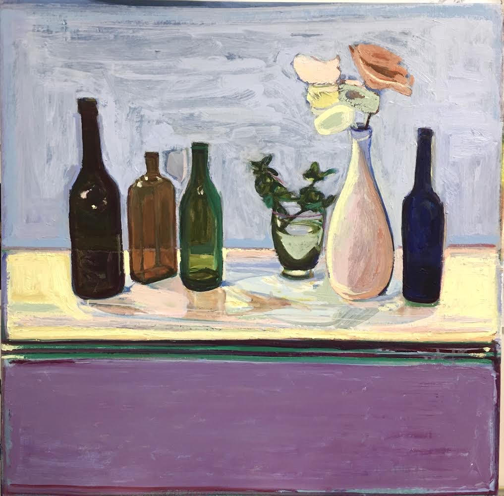Sally Barron Mixed Media artwork of bottles and vases on counter