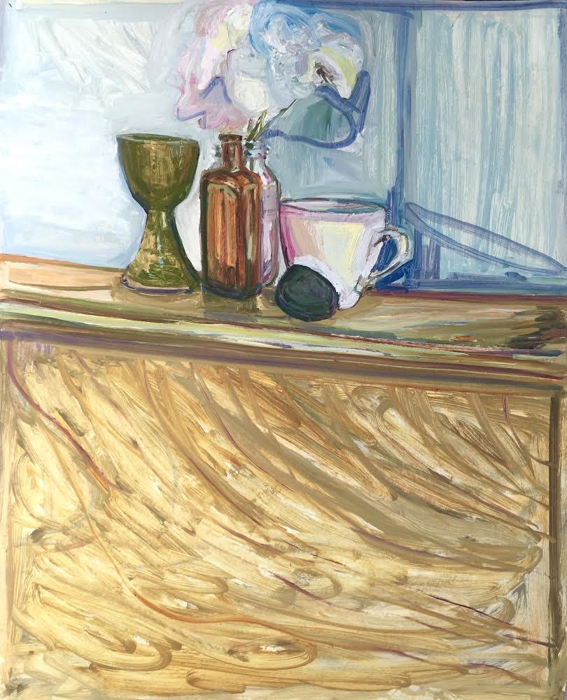 Sally Barron Mixed Media artwork of bottles and vases on counter